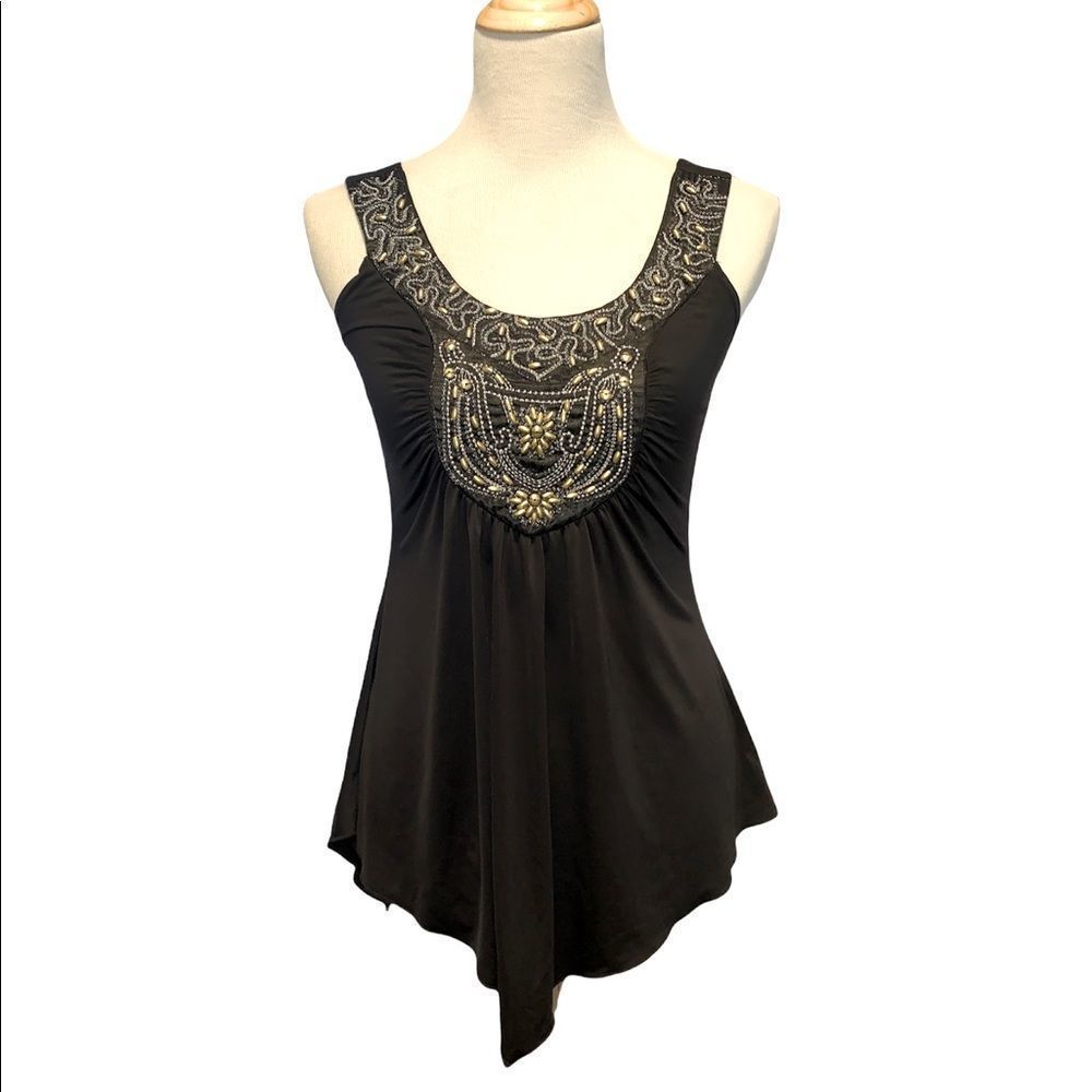 Day Trip | Black & Gold Beaded Tank Top